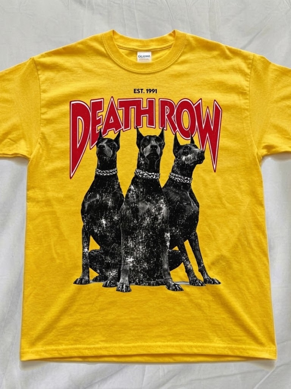 Gildan Yellow Graphic "Death Row" Dog Tee with Red Lettering